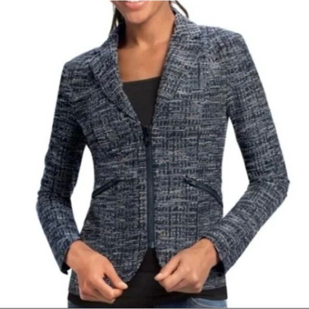 Cabi 723 Navy Blue White Textured Zip Front Blazer Jacket Womens Size 6